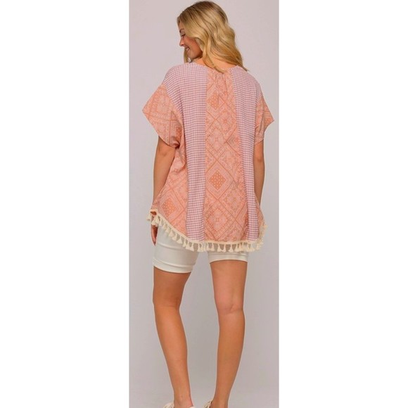 New Gigio Size S M L Dusty Apricot Gingham Bandana Oversized Caftan Tunic Top - Picture 4 of 5
